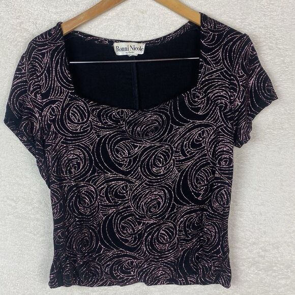 VTG 90's Ronni Nicole by Ouida Black Glittery‎ Sparkly Square Neck Top Women L - Picture 1 of 6